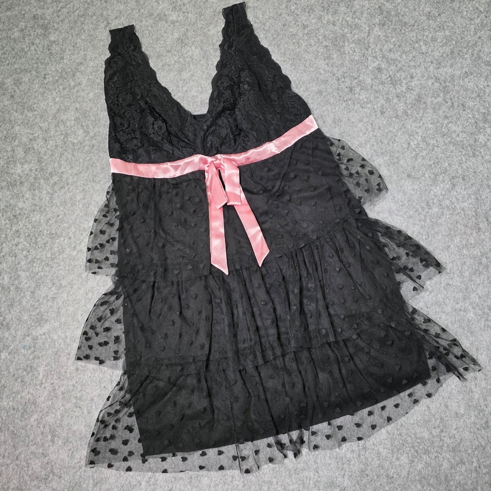 Cacique Babydoll Lingerie Black Pink Heart Ruffle Tiered Lace 2 PC Set 14/16 NEW